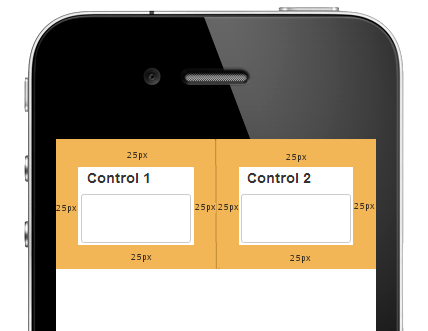Layout type 'Container Width', 25px padding, and two controls with width of 50%.